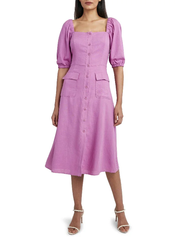 Deal Frenzy Womens Linen Blend Puff Sleeves Shift Dress