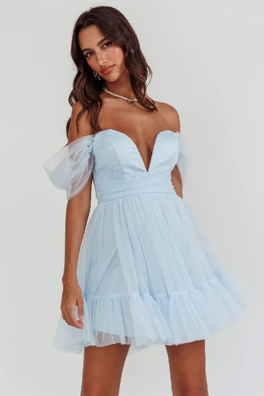 Doorbuster Deal Pixi Off-Shoulder Lace-Up Back Dress Baby Blue