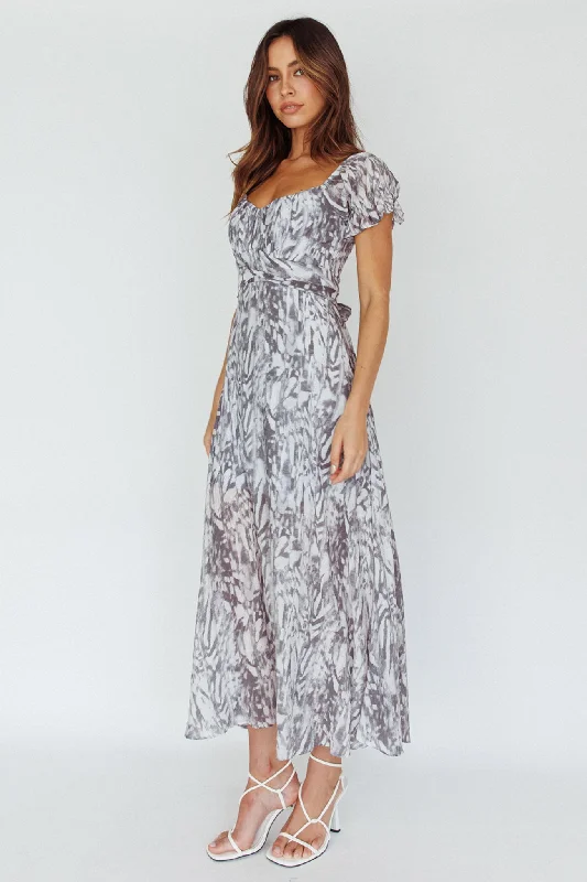 Best Bargains Linka Off-Shoulder Tie Back Midi Dress Printed Grey