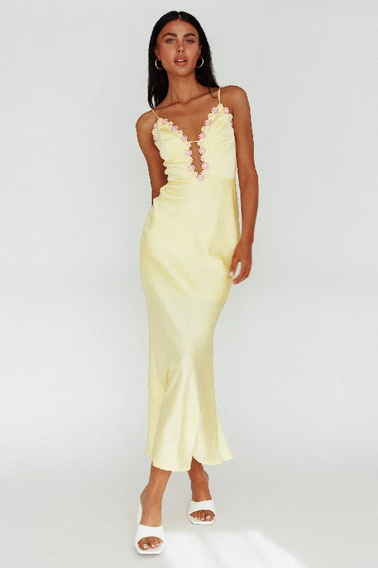 Deep Discounts Honeysuckle Floral Neckline Midi Dress Lemon