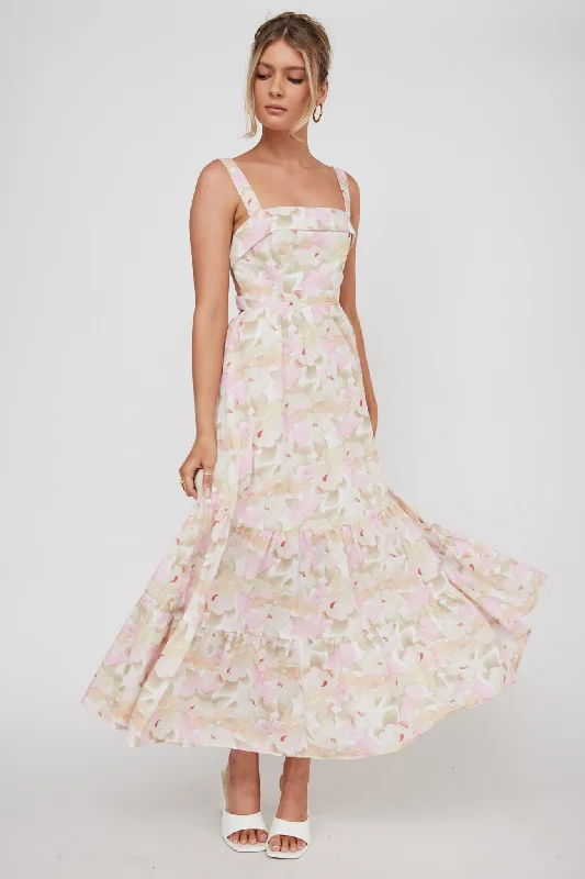Now or Never Lisseth Foldover Neckline Midi Dress Floral Pink