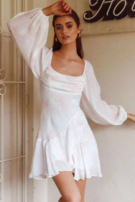 Can't Be Beat Beaujolais Long Sleeve Cowl Neckline Ruffle Mini Dress Floral Blush