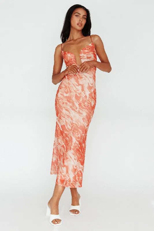 Super Bargain Nouveau U-Neckline Midi Dress Marbled Orange
