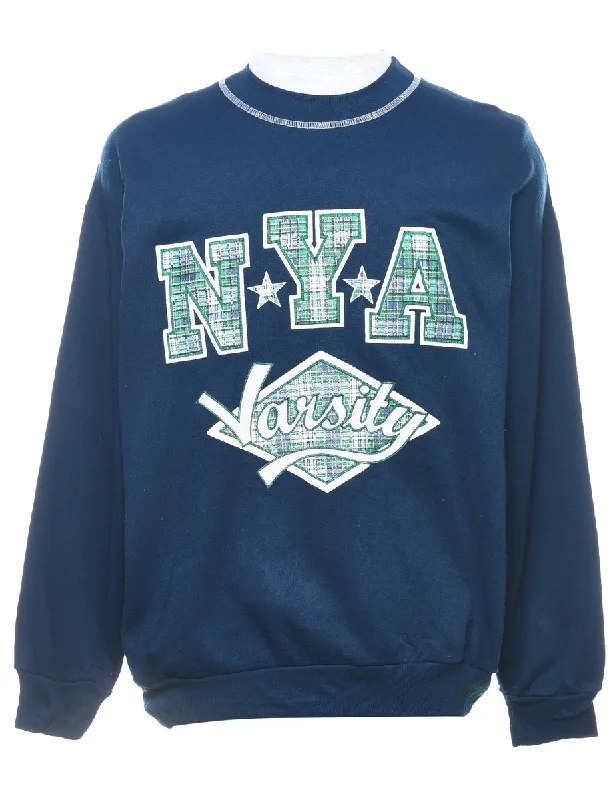 Super Deal Patchwork NYA Varsity Printed Navy & Green Sweatshirt - L