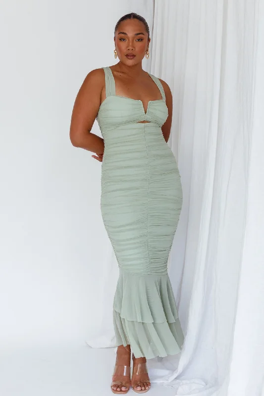 Lowest Price Nadia Ruched Fishtail Maxi Dress Pistachio