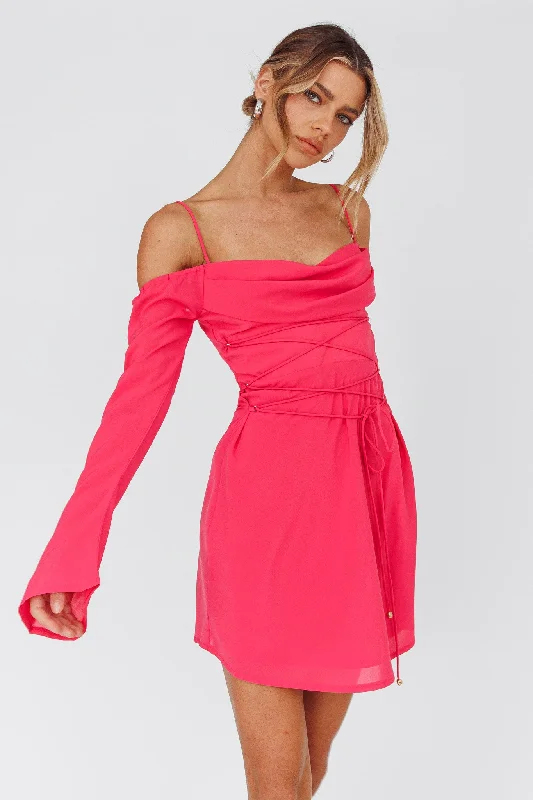 Exclusive Preview Teava Off-Shoulder Sleeve Laced Mini Dress Hot Pink