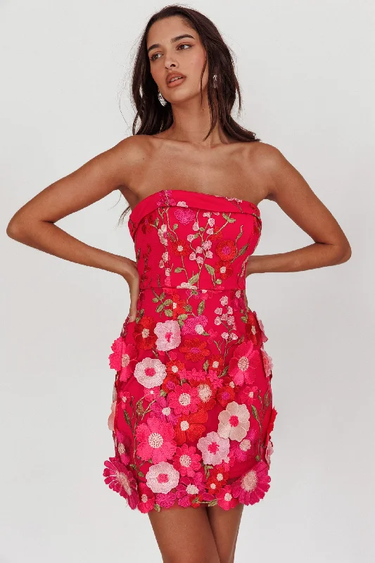 Price Break Flora Day Strapless Floral Embellished Mini Dress Fuchsia
