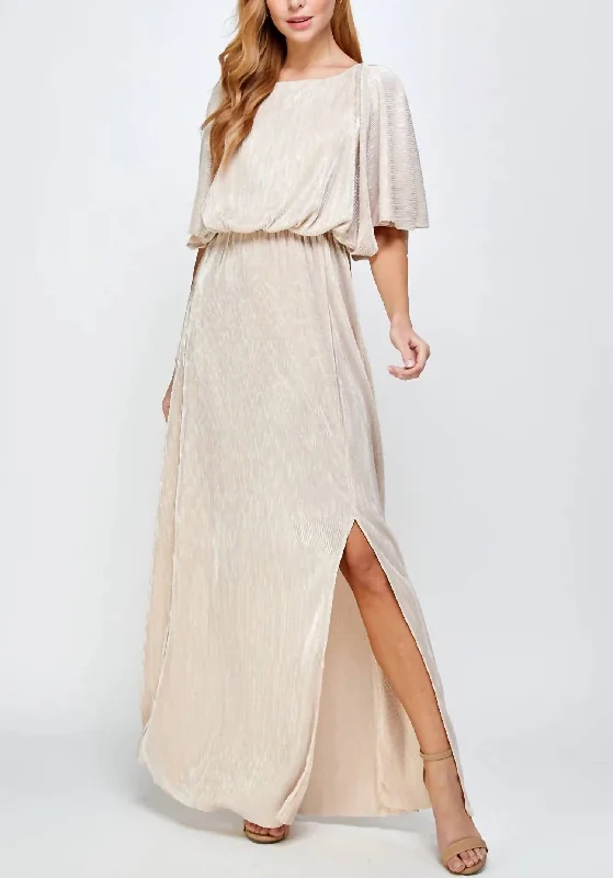 Seasonal Clearance CAPE STYLE METALLIC STRIPE PLEATS MAXI DRESS in Gold