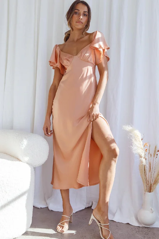 Special Offer Park Avenue Flutter Sleeve Side Split Midi Dress Apricot