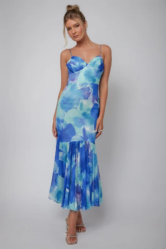 Huge Discounts Sunni Low Back Midi Dress Floral Blue