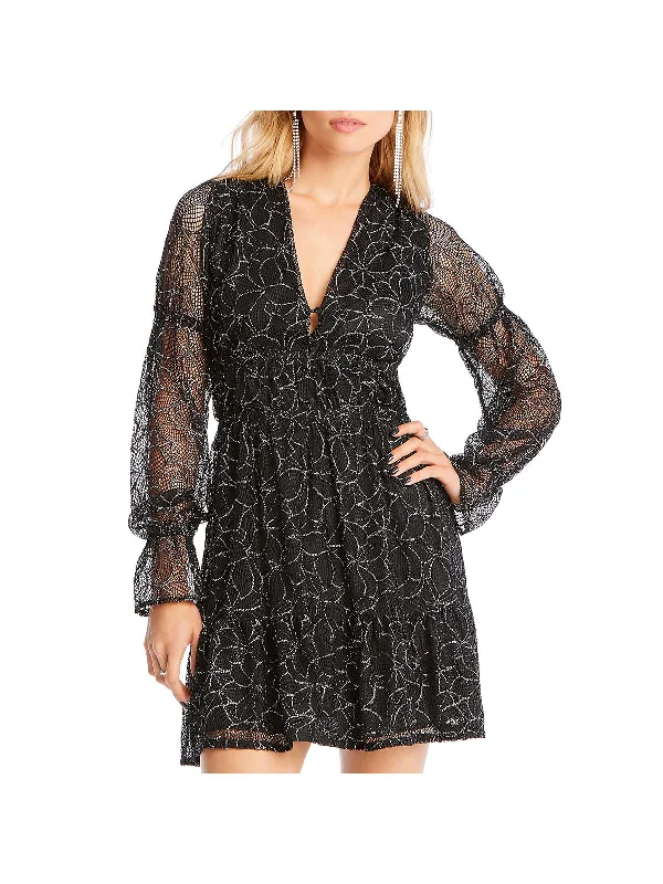 Warehouse Sale Gabriella Womens Metallic Floral Print Flounce Dress