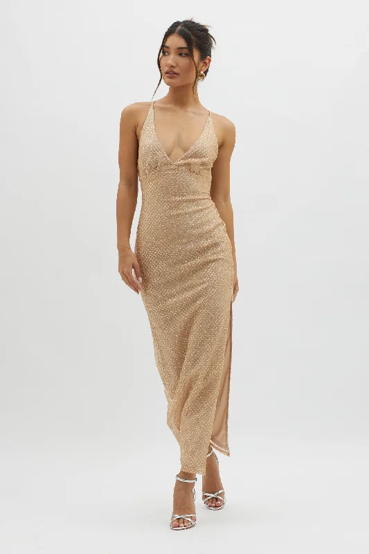 Instant Savings Alysia Plunging Halterneck Maxi Dress Champagne