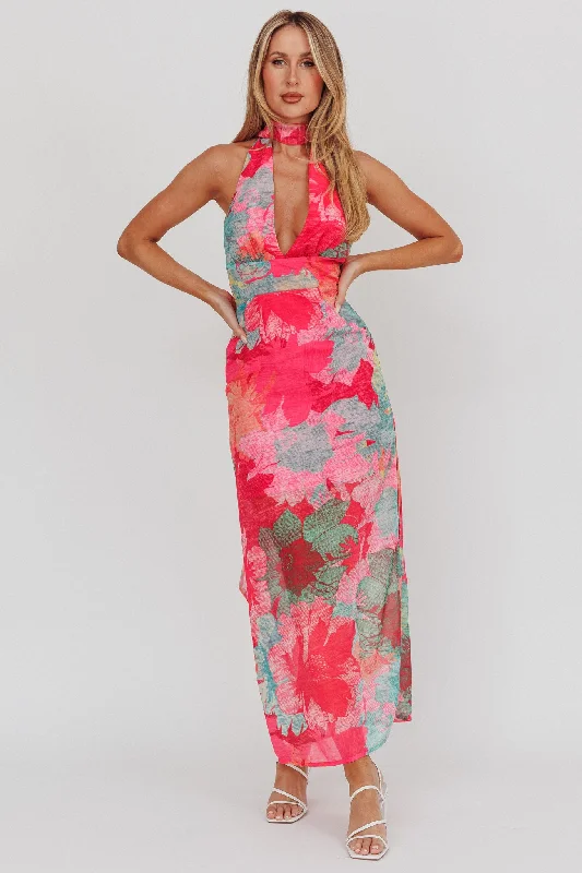 Overstock Sale Cipriana Backless Halter Maxi Dress Floral Fuchsia