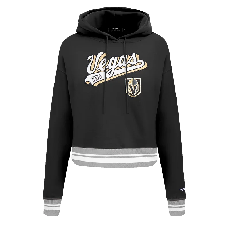 Price Reduction NHL VEGAS GOLDEN KNIGHTS SCRIPT TAIL WOMEN'S RIB FLC CROPPED PO HOODIE (BLACK/GRAY)