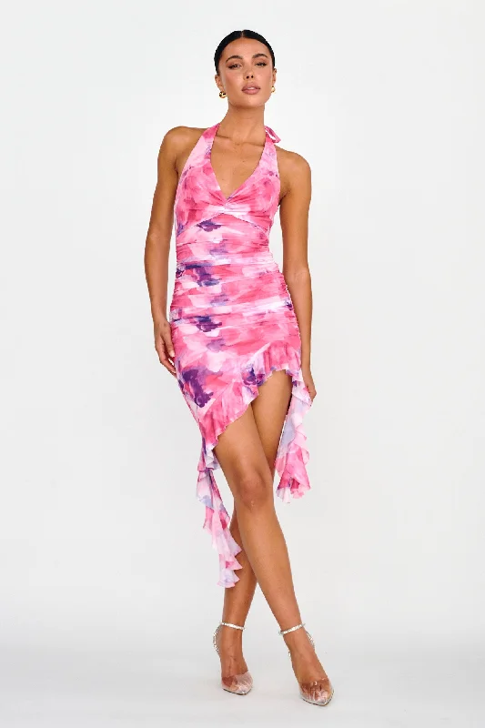 Year-End Clearance Oasis Ruffle Halterneck Mini Dress Print Pink