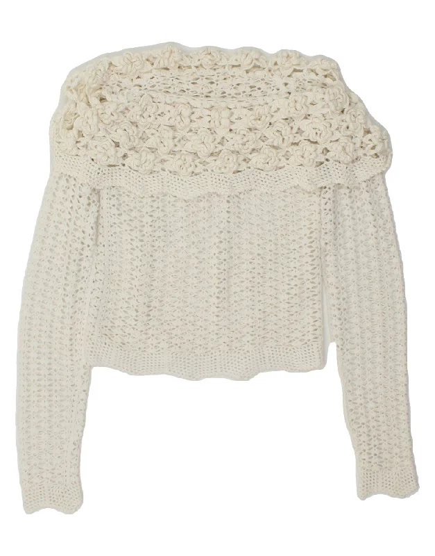 Doorbuster Deal VINTAGE Womens Crop Crochet Boat Neck Jumper Sweater UK 4 XS White Floral