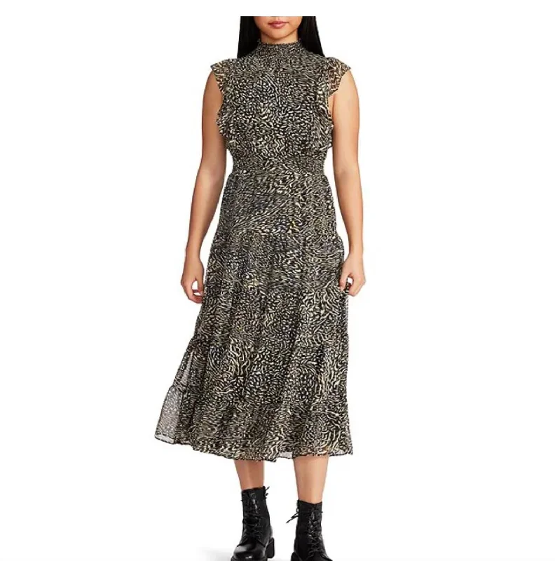 Super Deal Anna Animal Print Mock Neck Ruffle Cap Sleeve A-Line Midi Dress In Black