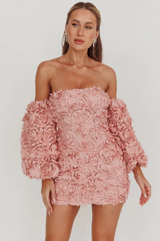 Year-End Clearance Vive La Rose Off-Shoulder Floral Mini Dress Blush