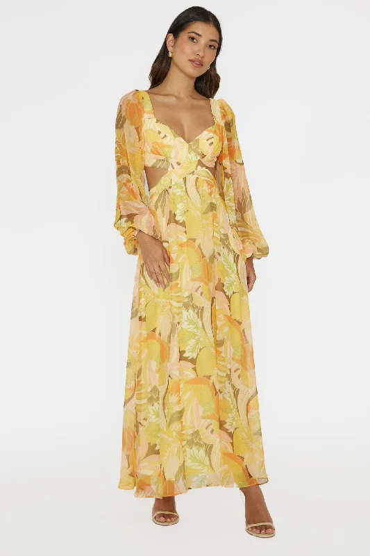Online Only Maura Long Sleeve Lace-Up Back Dress Floral Yellow