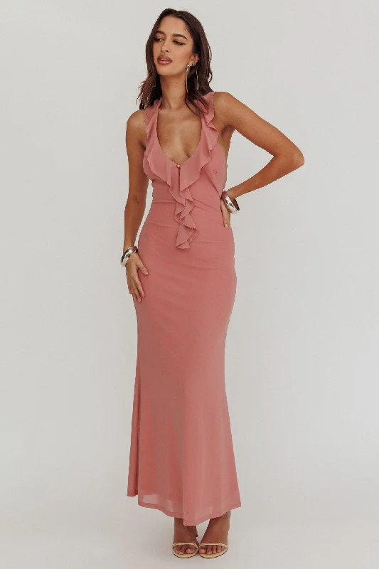 Discount Mania Live Loud Ruffle Halterneck Maxi Dress Rose
