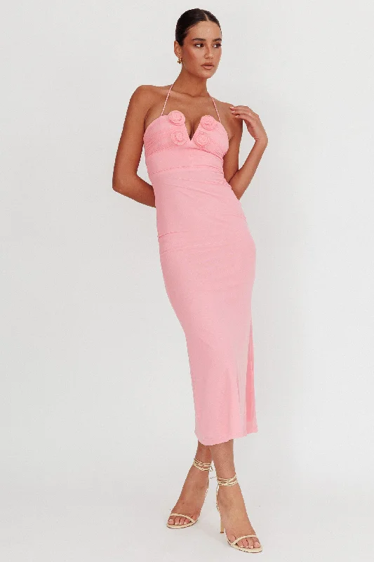 Midnight Madness Elderberry Bodycon Halter Neck Midi Dress Pink