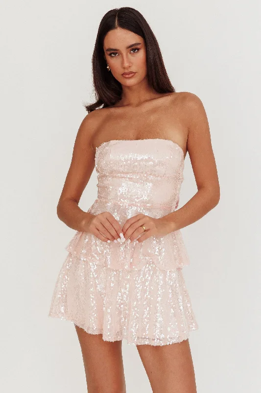 Don't Wait Provence Bloom Tiered Sequin Mini Dress Pink