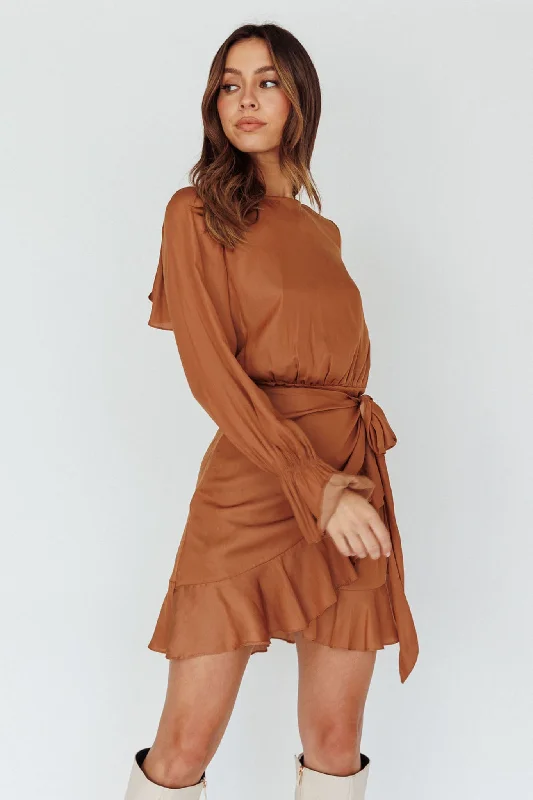 Limited Availability Darla Long Sleeve Satin Dress Tan