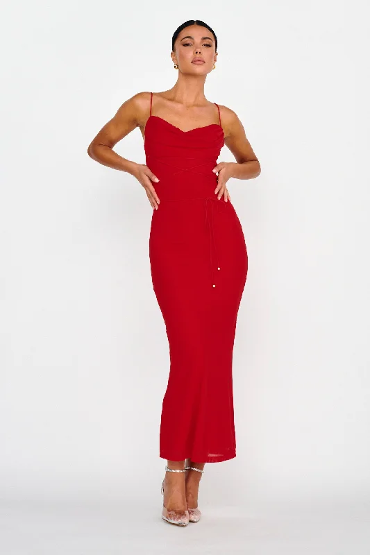 Price Slash Teava Laced Waist Maxi Dress Red