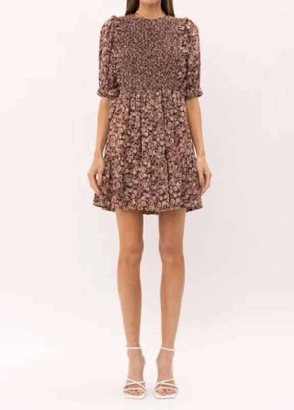 Savings Galore Floral Smocked Mini Dress With Side Tie Details in Brown