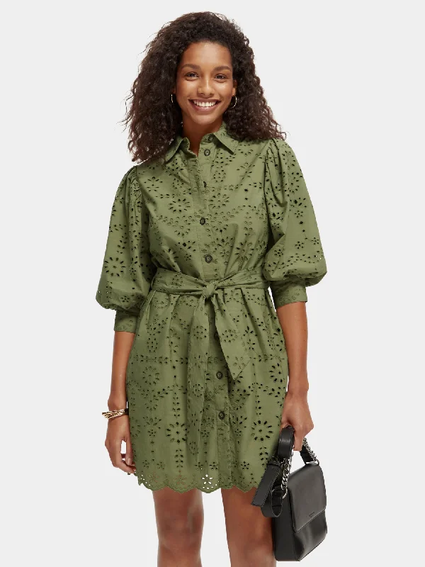 Online Only Puff sleeve embroidered shirt dress