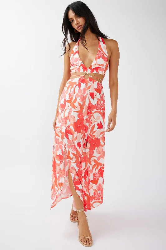 Act Now Tuscan Summers Cut-Out Midi Dress Floral Red