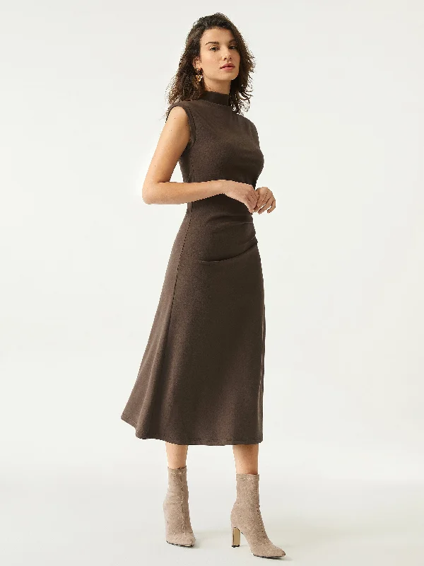 Stock Clearance Mockneck Tucks Midi Dress