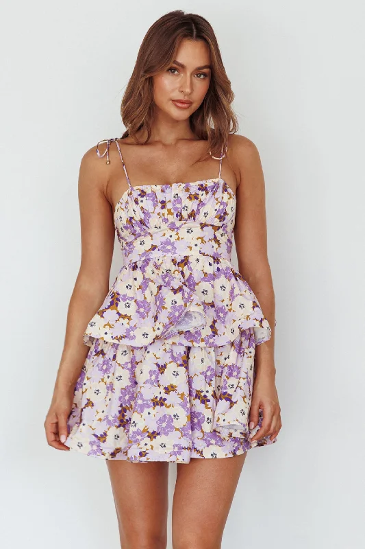 Huge Discounts Dodi Tied Shoulder Layered Mini Dress Floral Purple