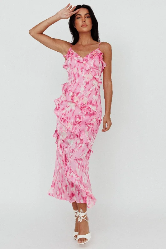 Exclusive Offers Silvana Frill Trim Midi Dress Print Pink
