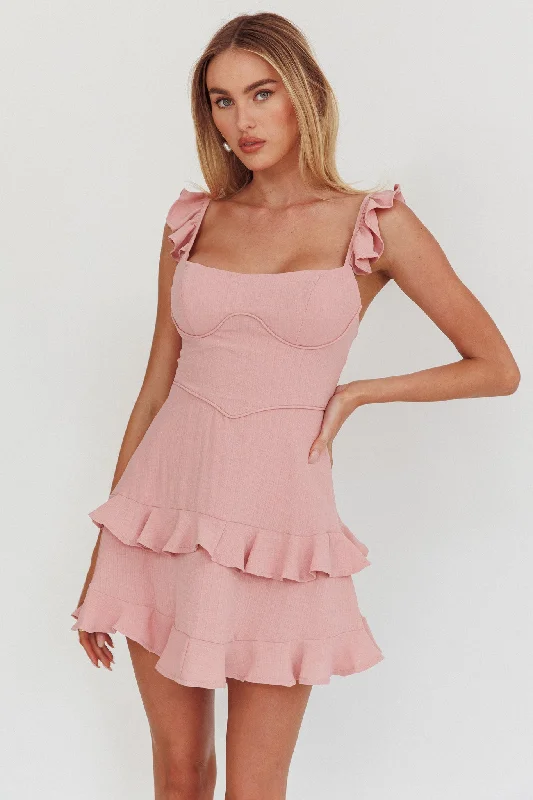 The Best Prices Moonlit Moment Ruffle Trim Piping Detail Lace-Up Back Dress Dusty Rose