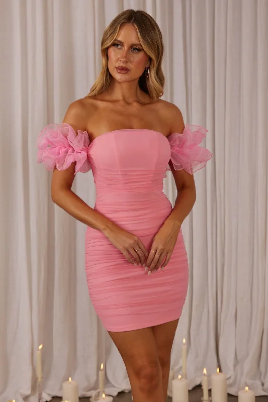 Midnight Madness Star Dust Off-Shoulder Frill Sleeve Mini Dress Pink