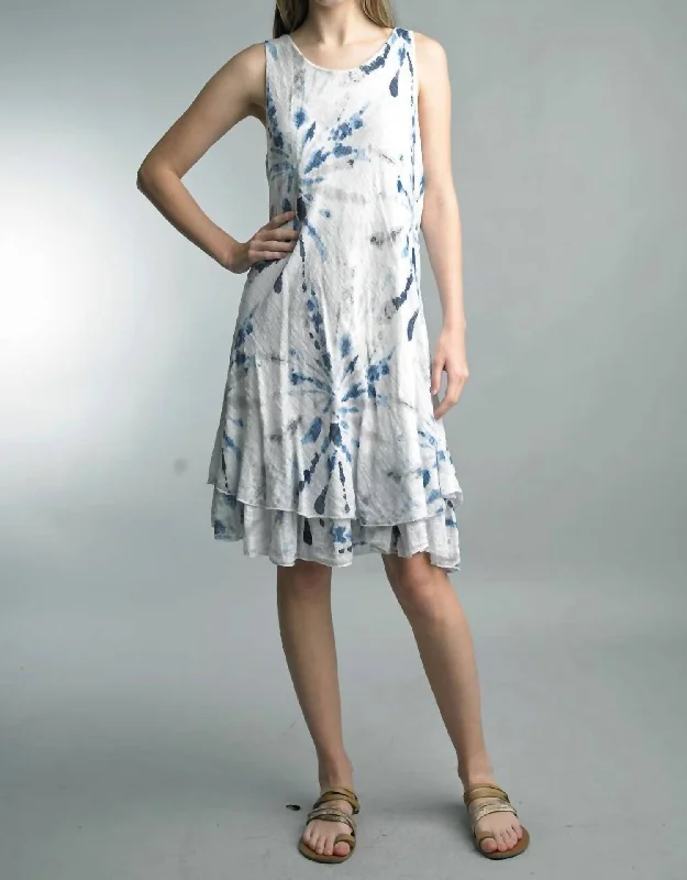 Fantastic Deals Tie Dye Tank Dress With Double Ruffle Hem in White