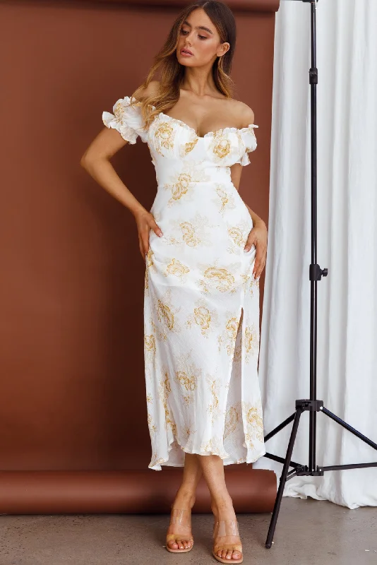 Extra Discounts Pixie Puff Sleeve Midi Dress Floral Yellow