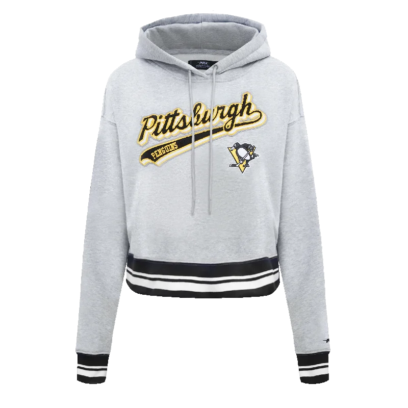 Steals and Deals NHL PITTSBURGH PENGUINS SCRIPT TAIL WOMEN'S RIB FLC CROPPED PO HOODIE (HEATHER GRAY/BLACK)