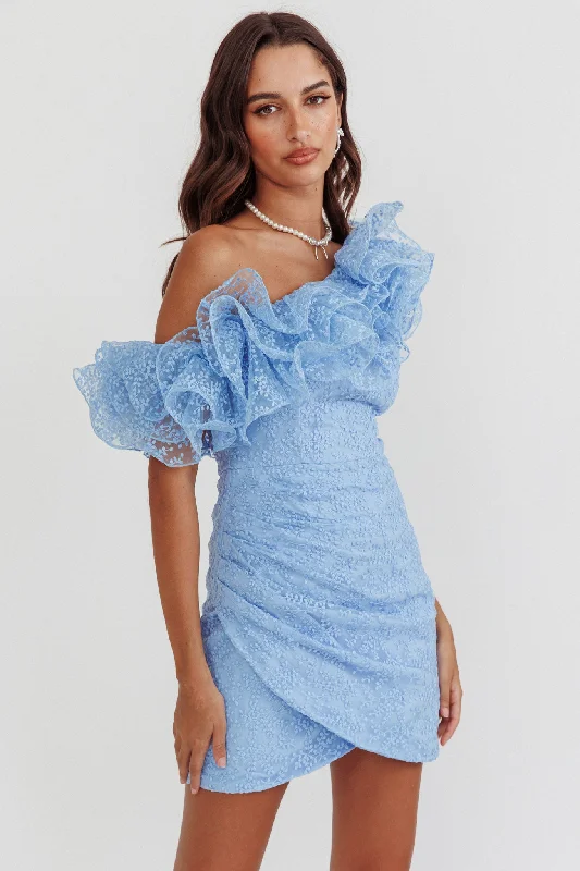 Don't Wait Hollyn One-Shoulder Ruffle Mini Dress Baby Blue