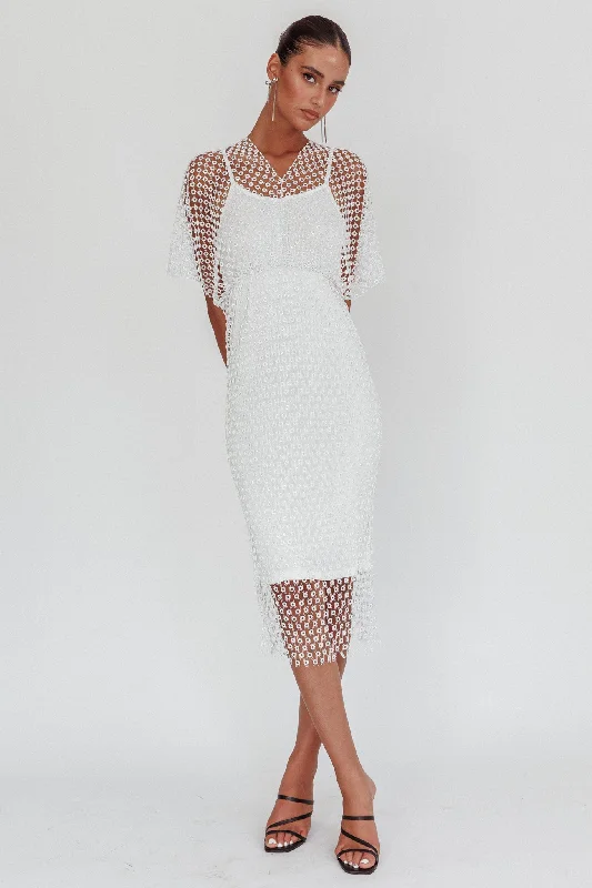 Savings Alert Astra Diamante Fishnet Midi Dress White