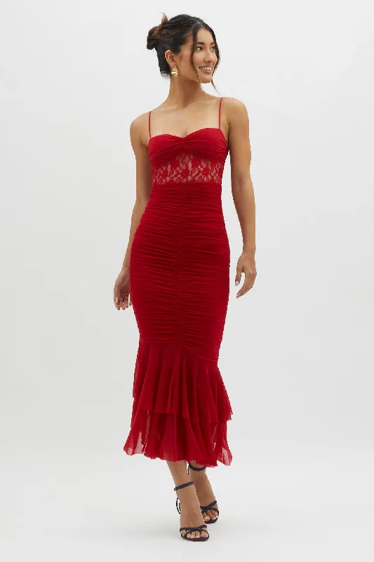 Act Fast Cherubim Lace Insert Ruched Midi Dress Red
