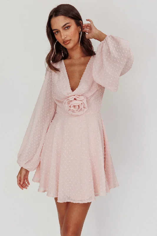 Price Reduction Open Heart Long Sleeve Rosette Mini Dress Baby Pink
