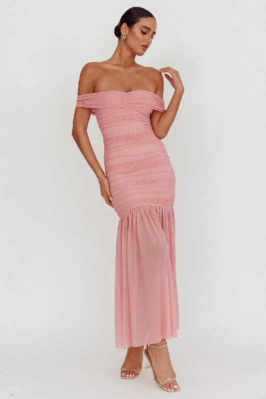 Loyalty Reward La Salle Off Shoulder Mesh Maxi Dress Pink