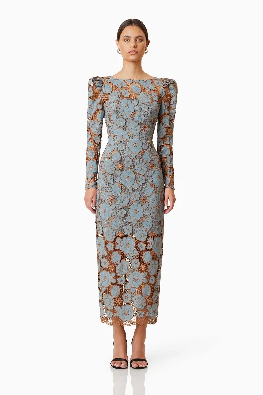 Act Fast Jasmine Long Sleeve Midi Dress - Blue