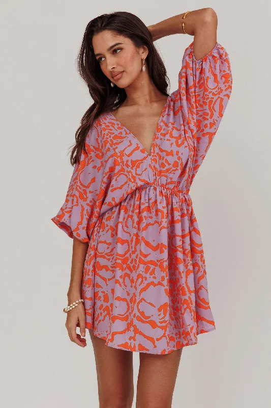 Limited Availability Sugar Coat Print Puff Sleeves Mini Dress Lavender