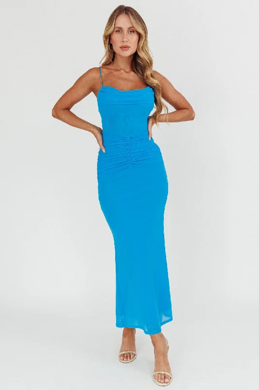 Final Markdown Morella Ruched Waist Mesh Maxi Dress Blue