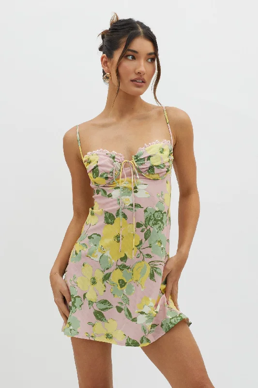 New Deals Fortune Lace Trim Bust Tie Mini Dress Floral Pink