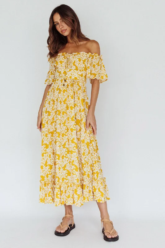 Extra Savings Voyager Off-Shoulder Bell Sleeve Midi Dress Floral Yellow