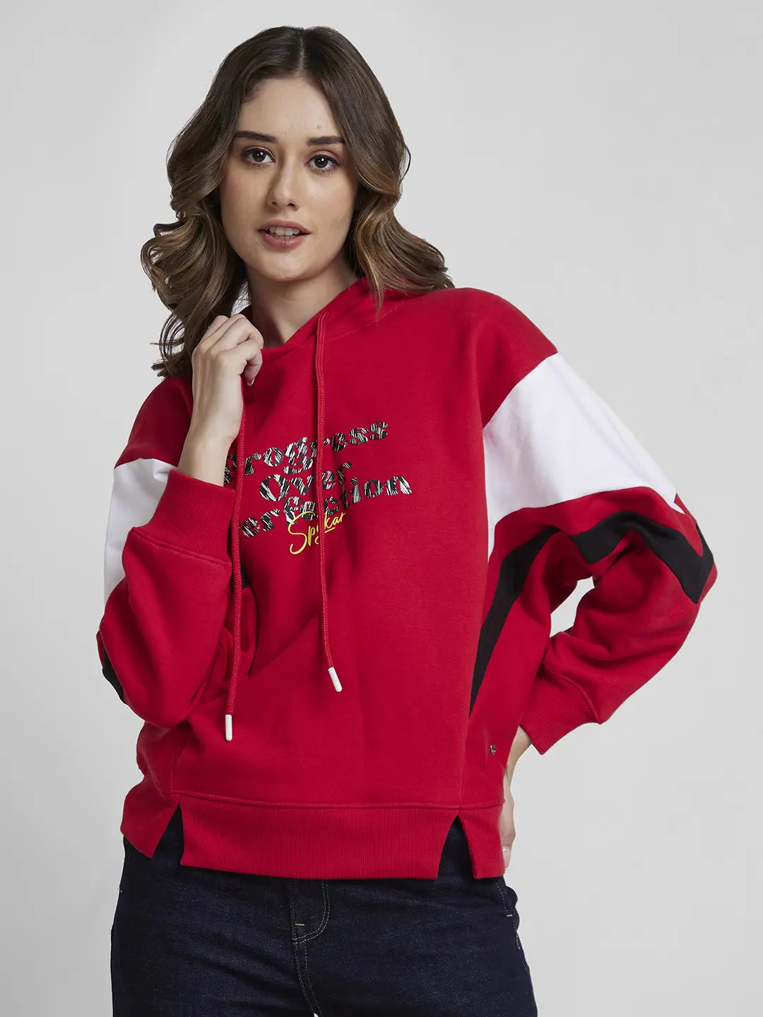 Value Deals Spykar Women Crimson Blended Comfort Fit Hooded Printed Sweatshirt
